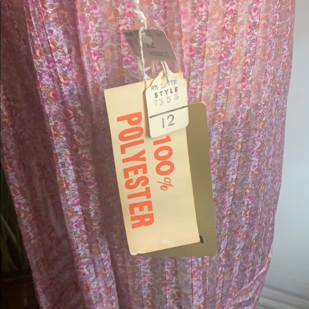 VINTAGE 70s New Pink Floral Sheer Stripe Dress - Picture 4 of 5